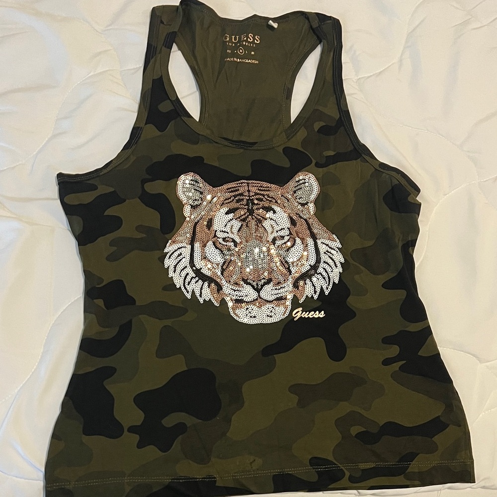 Guess Women's Green Camouflage Tank Top with Tiger Motif